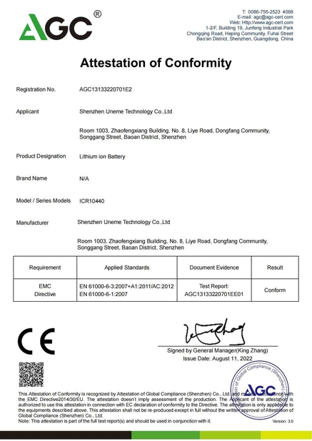 Trung Quốc Shenzhen Uneme Technology Co.,Ltd Chứng chỉ